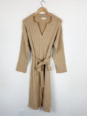 Roolee V-Neck Knit Ribbed Sweater Belted Midi Dress